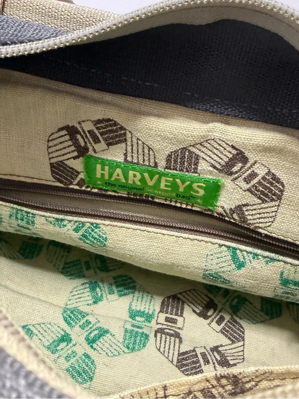 Harveys Seatbelt Bag Woven Tote Handbag Gray Beige Blue Zip Top Shoulder Purse